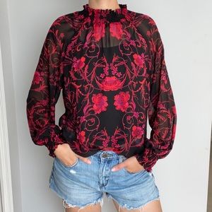 Sheer Long Sleeve Floral Blouse